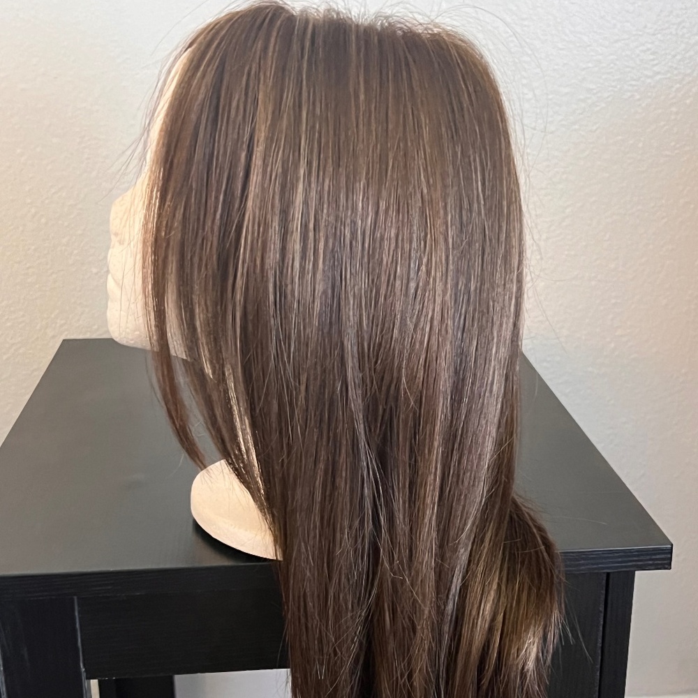 Medium Brown, Synthetic lightweight wig, with ear tabs. 22” long, 120% density,